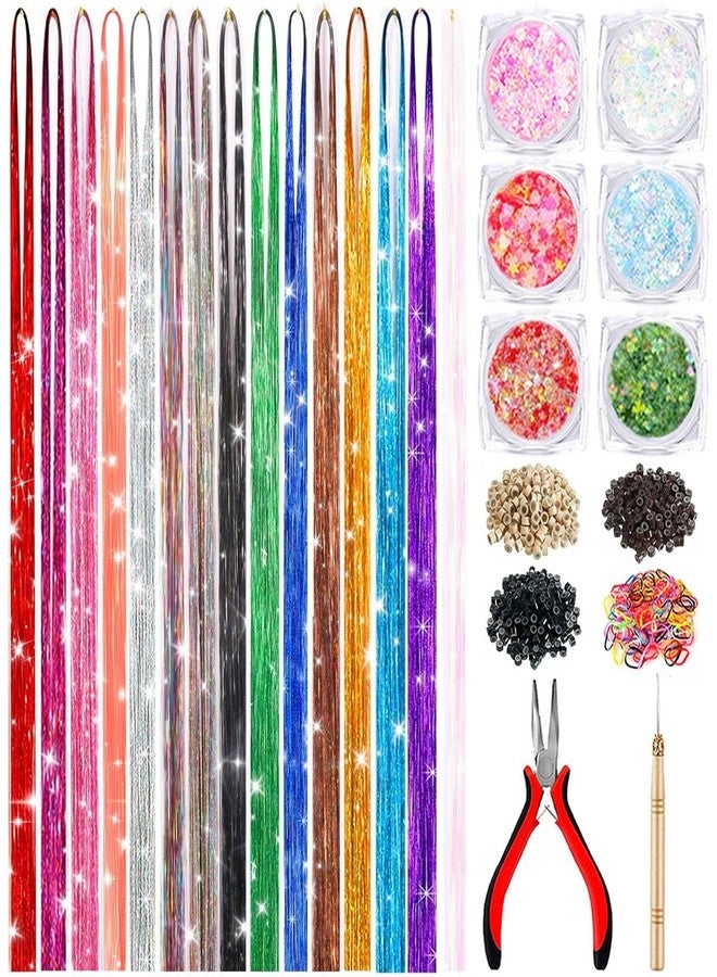 ELEVAVE Hair Tinsel Kit With Body Glitter 15 Colors 48 Inch 4500 Strands Glitter Tinsel Hair Extensions With Tools Fairy Hair Accessories, Suitable for Festivals and Daily Use (15 Colors Hair Tinsel Kit) - Image 1